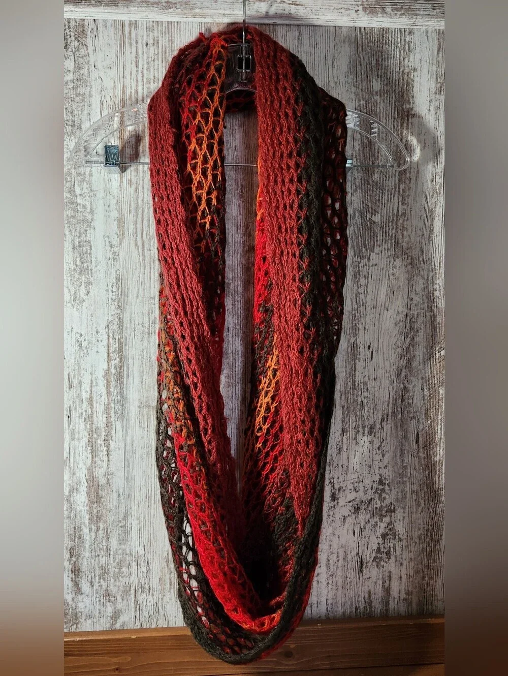 Gradient Open-Knit Loop Infinity Scarf Fall Colors Red Rust Orange Brown L@@K
